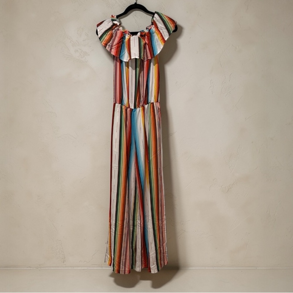 Favlux Multicolor Striped Off Shoulder Wide Leg Jumpsuit Ruffle Neck Boho Summer